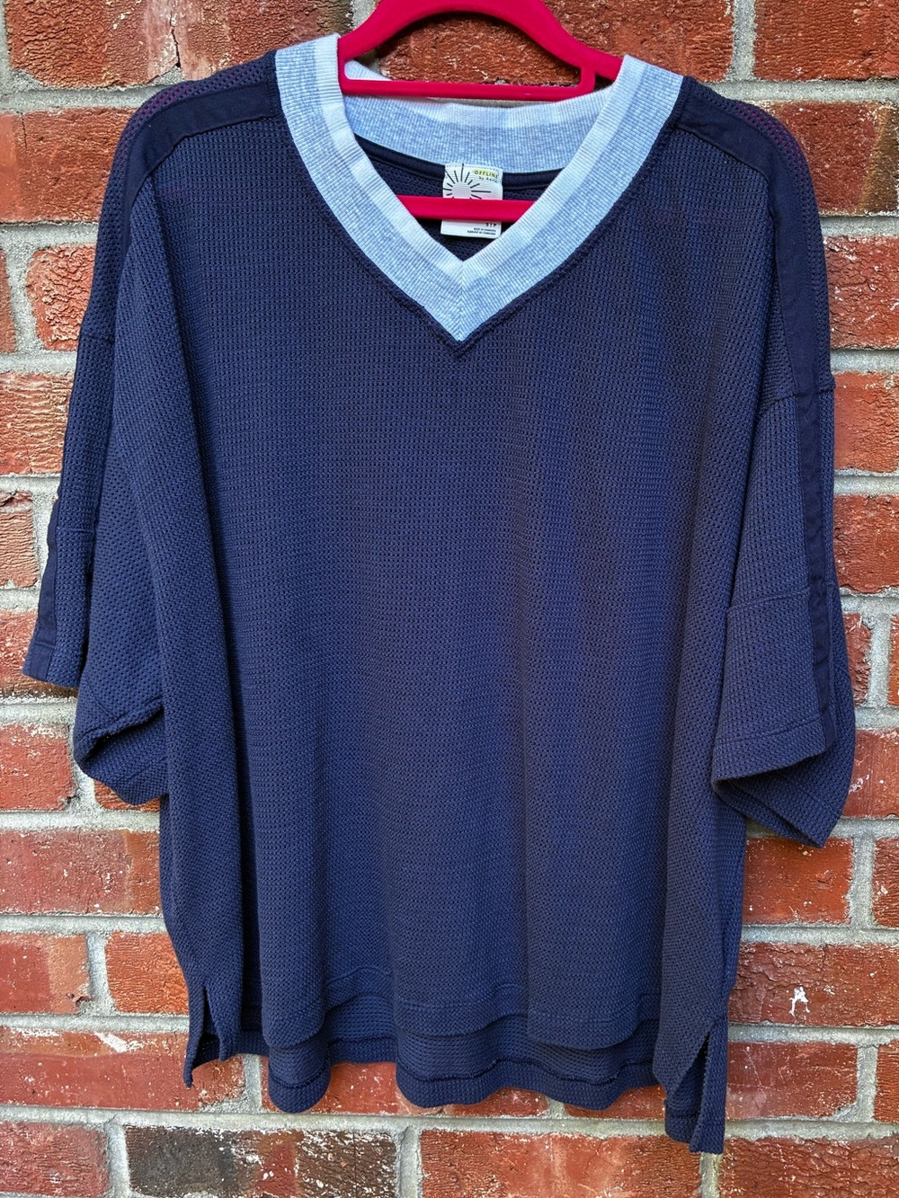 aerie Navy Short Sleeve V-Neck Top with White Trim
